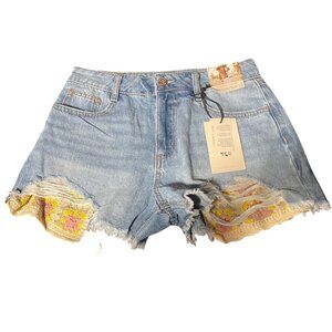Sincerely Jules High Rise Distressed Denim Shorts Crochet Accent Women Jr 1/25